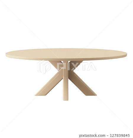 Round wooden table with minimalist design features light wood finish and unique cross legged base, perfect for modern interiors 127839845