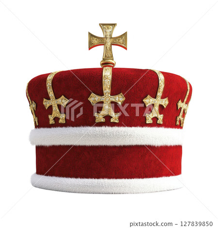 Luxurious red and gold crown with intricate cross designs and white fur trim, symbolizing royalty and elegance. crown rich colors and ornate details convey sense of grandeur 127839850