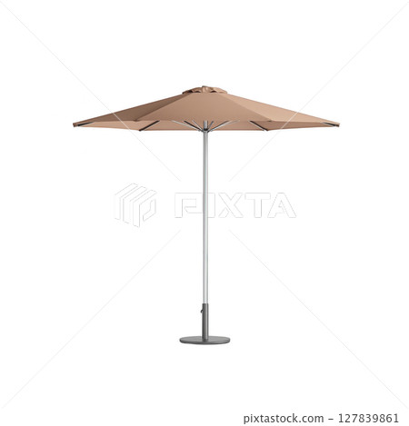 Large beige outdoor patio umbrella with sturdy metal pole and base, perfect for providing shade in garden or backyard setting. Its simple design adds elegance to any outdoor space 127839861