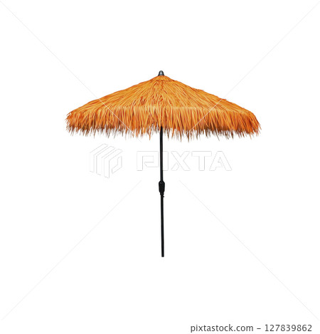 Vibrant orange thatched beach umbrella with sturdy black pole, perfect for providing shade and tropical feel to any outdoor setting. Ideal for beach or poolside relaxation 127839862