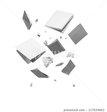Floating white and gray paper sheets and crumpled pieces are suspended mid air against transparency background, creating dynamic and abstract composition. scattered arrangement suggests movement 127839863