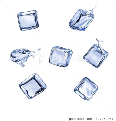 Floating ice cubes with water splashes on transparency background create dynamic and refreshing visual. cubes appear translucent and glossy, enhancing sense of coolness 127839864