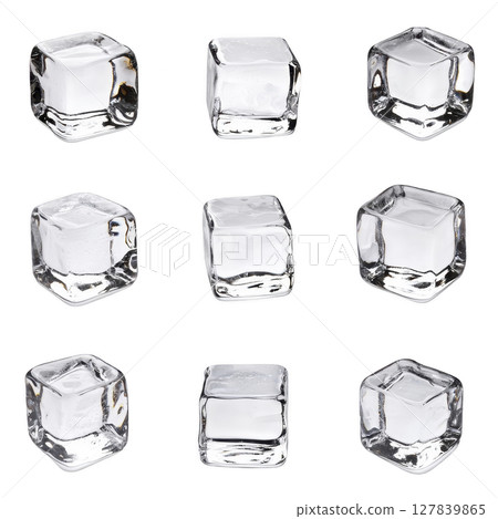 Nine clear ice cubes are arranged grid pattern against transparency background, showcasing their transparency and geometric shape. cubes are evenly spaced, highlighting their smooth surfaces 127839865