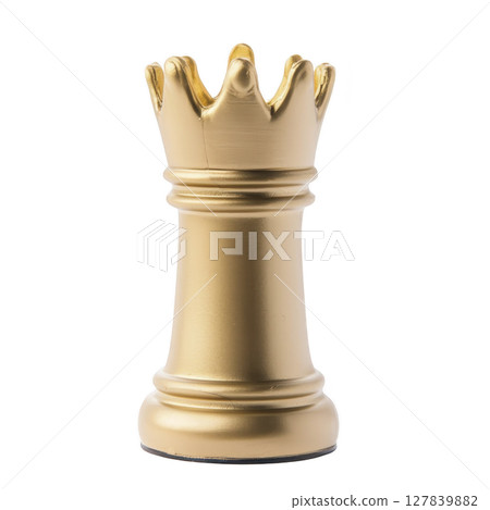 Golden rook chess piece stands elegantly, symbolizing strategy and power in game of chess. Its shiny surface and intricate design make it striking representation of classic board game 127839882