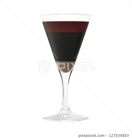 Layered cocktail in clear glass showcases distinct layers of dark and light liquids, creating visually appealing drink. elegant presentation highlights contrast between layers Layered cocktail in clear glass showcases distinct layers of dark and light liquids, creating visually appealing drink. elegant presentation highlights contrast between layers 127839883