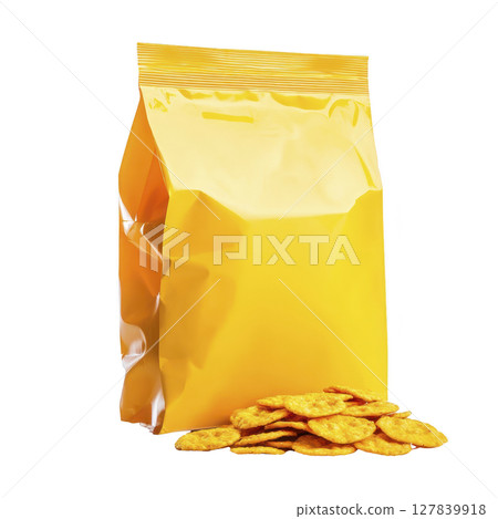 Bright yellow snack bag stands upright next to pile of crispy, golden chips, creating inviting and appetizing display 127839918
