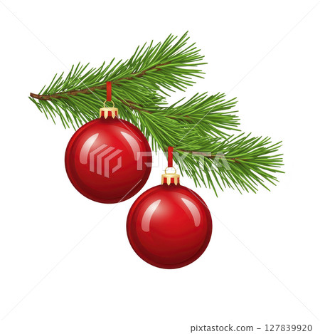 Two red Christmas ornaments hang from green pine branch, creating festive and cheerful holiday decoration 127839920