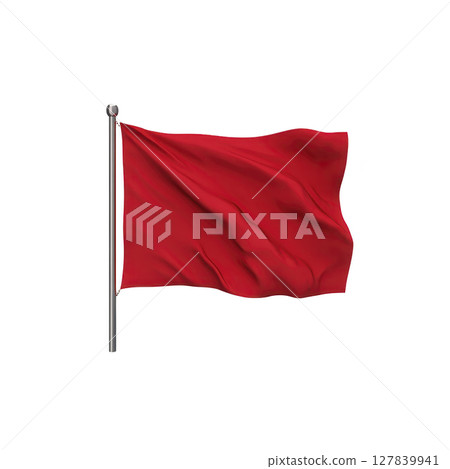Red flag waves on silver pole against plain background, symbolizing caution or warning. fabric appears to be gently rippling in wind, creating sense of movement 127839941