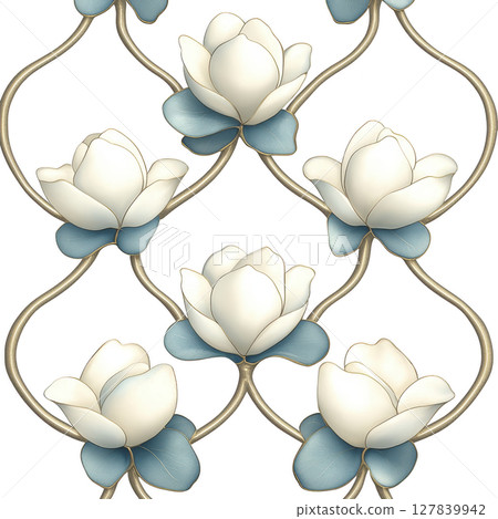 Elegant seamless pattern featuring white and blue flowers with intertwining stems on transparency background, creating sophisticated and decorative design 127839942