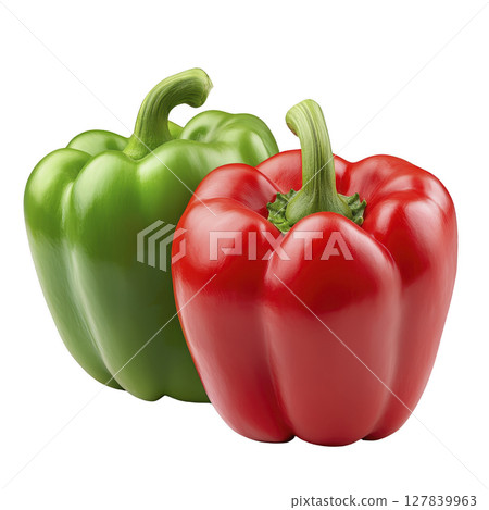 Two fresh bell peppers, one green and one red, are displayed side by side, showcasing their vibrant colors and glossy texture. peppers are positioned against plain background 127839963