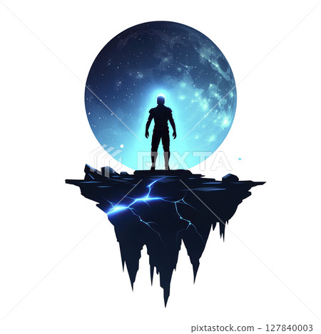 Silhouette of astronaut stands on floating, cracked platform against glowing moon, creating mysterious and futuristic atmosphere 127840003