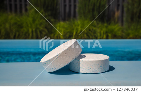 Two large white chlorine tablets with blue specks resting on the poolside edge, used for water disinfection and regular swimming pool maintenance. Two large white chlorine tablets with blue specks resting on the poolside edge, used for water disinfection and regular swimming pool maintenance. 127840037