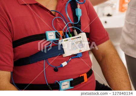 Patient Monitoring with Holter Scanner: Red Shirt Chest Pack, ECG Electrodes, Digital Recorder, Healthcare Technology, Medical Device, Clinical Setting Patient Monitoring with Holter Scanner: Red Shirt Chest Pack, ECG Electrodes, Digital Recorder, Healthcare Technology, Medical Device, Clinical Setting 127840134