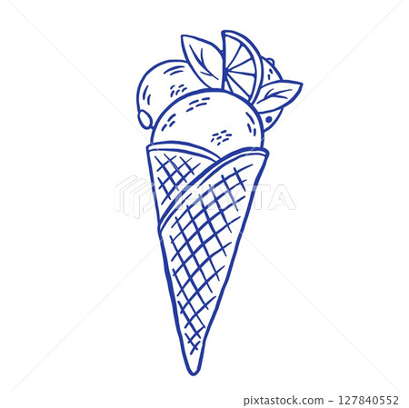 Hand draw gelato ice cream cone with lemon vector illustration. Vintage frozen dessert icon in sketch style 127840552