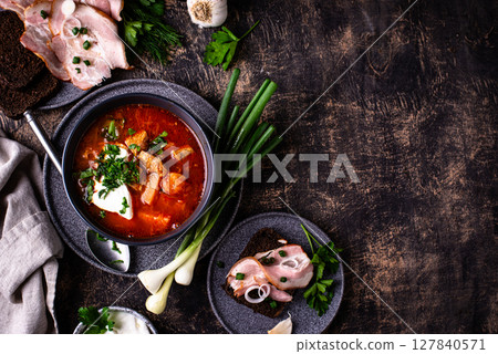 Traditional Ukrainian borsch with sour cream 127840571