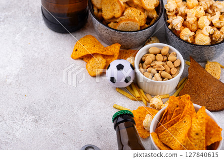 Beer and different snacks for Superbowl or football party Beer and different snacks for Superbowl or football party 127840615