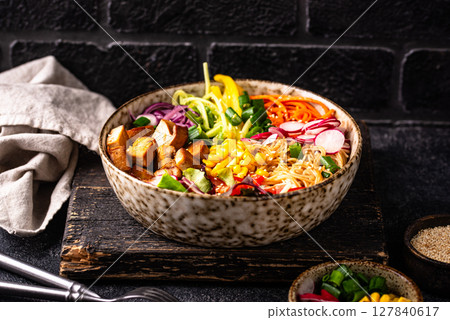 Vegan healthy poke bowl with tofu 127840617