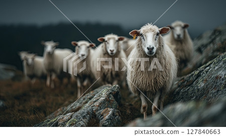 Majestic Herd of Male Sheep on Rocky and Green Terrain Majestic Herd of Male Sheep on Rocky and Green Terrain 127840663