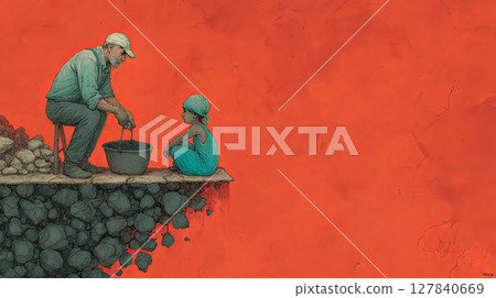 Man and Child Sitting on Cliff Overlooking Scenic View 127840669