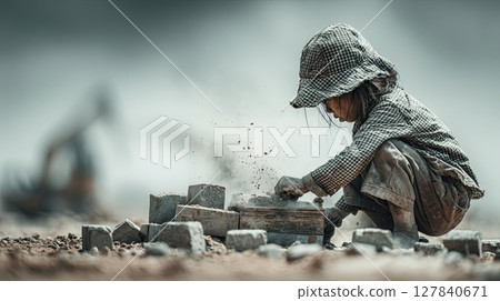 Woman Kneeling on Bricks in Construction Site Setting 127840671
