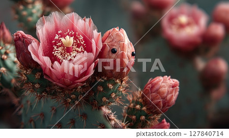 Close-Up of a Bee Pollinating a Blooming Cactus Flower 127840714