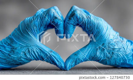 Hands in Blue Gloves Forming a Heart Shape Gesture 127840730
