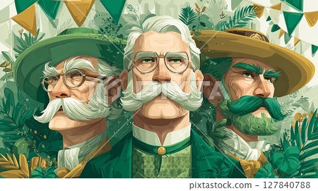 Three Men in Green Hats with Mustaches Celebrating Three Men in Green Hats with Mustaches Celebrating 127840788