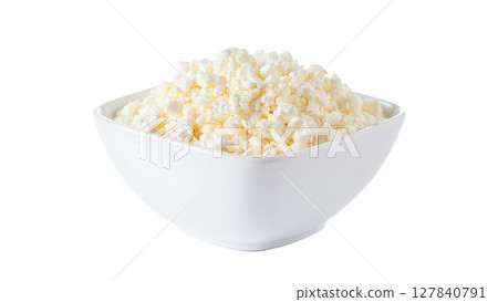Bowl of fresh cottage cheese isolated, creamy white dairy with soft texture 127840791
