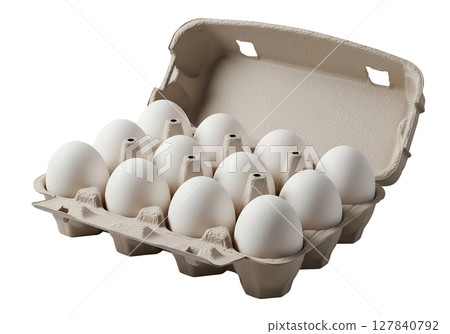 Dozen fresh white eggs in cardboard carton, organic farm eggs isolated Dozen fresh white eggs in cardboard carton, organic farm eggs isolated 127840792
