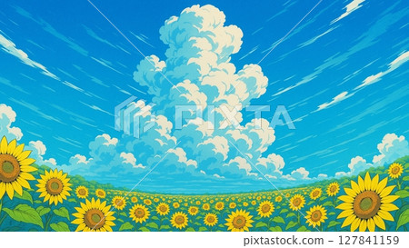 Hand-drawn illustration of a summer sunflower field and blue sky (with text space) 127841159