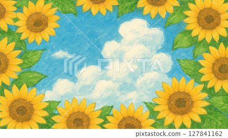 夏季向日葵田和藍天的手繪插圖（帶文字空間） 127841162