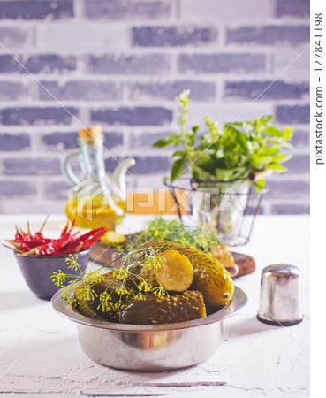 picled cucumber in metal bowl picled cucumber in metal bowl 127841198
