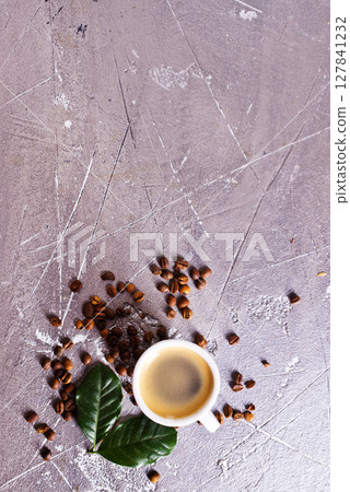 Coffee cup and coffee beans on gray background, Black coffee cup aromatic 127841232