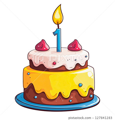 Illustration of baby first birthday cake with candle 1 on transparent background 127841283