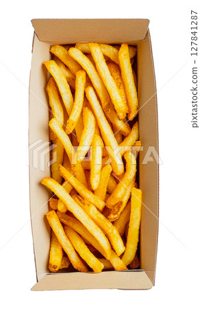 French fries in a cardboard box top view on a transparent background 127841287