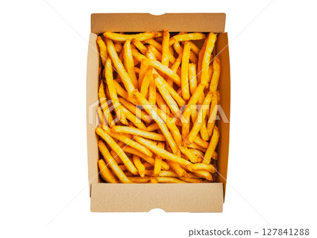French fries in a cardboard box top view on a transparent background 127841288