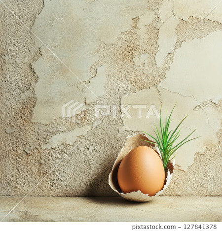 Egg hatching with grass sprouting from shell 127841378