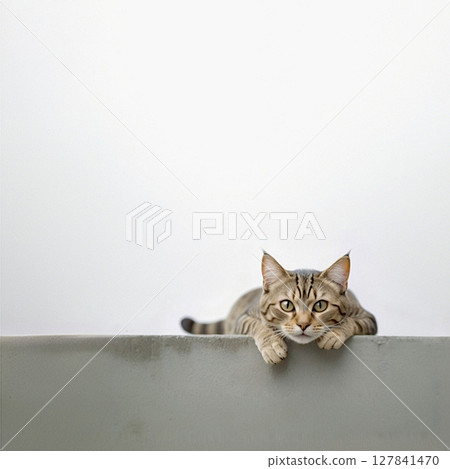 A brown tabby cat lying on a concrete wall 127841470