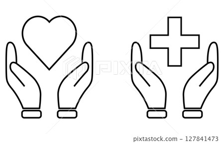 Icon set of hands, heart and cross marks symbolizing support and medical care 127841473