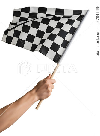 Hand gripping race flag, speed competition concept, transparent background Hand gripping race flag, speed competition concept, transparent background 127841490