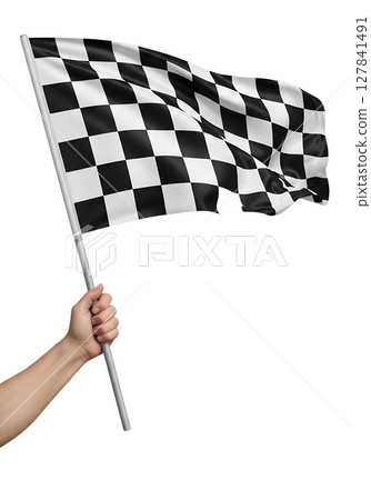 Black and white checkered flag in hand, racing victory symbol, isolated Black and white checkered flag in hand, racing victory symbol, isolated 127841491