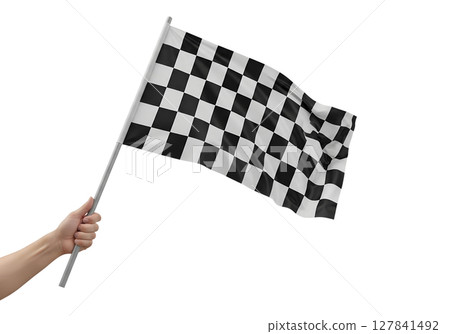 Hand holding checkered flag at race isolated on transparent background Hand holding checkered flag at race isolated on transparent background 127841492