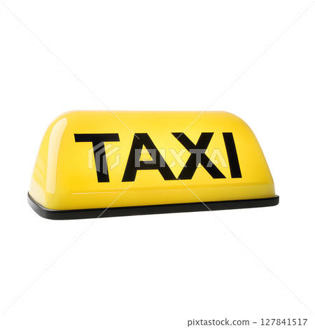 Isolated cab roof light, vibrant yellow with "taxi" text, city vehicle element 127841517