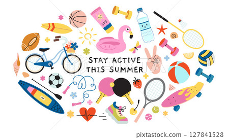 Colorful summer activity Round composition with sports equipment, beach items and fitness symbols. Trendy modern vector illustration isolated on white background, hand drawn, flat design 127841528