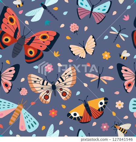 Seamless pattern with butterflies, dragonflies and wildflowers. Colorful design for textile, wrapping paper or summer themed products. Vector illustration on blue background, hand drawn, flat 127841546