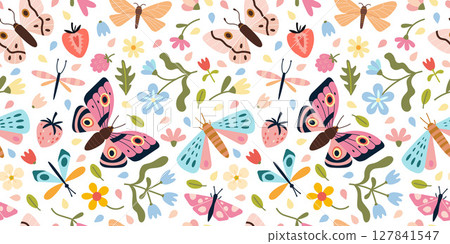 Seamless pastel pattern with butterflies, dragonflies, flowers and leaves. Delicate design for spring and summer products or feminine stationery. Vector illustration on light background, hand drawn 127841547
