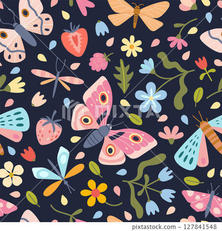 Seamless pastel pattern with butterflies, dragonflies, flowers and leaves. Delicate design for spring and summer products or feminine stationery. Vector illustration on black background, hand drawn 127841548