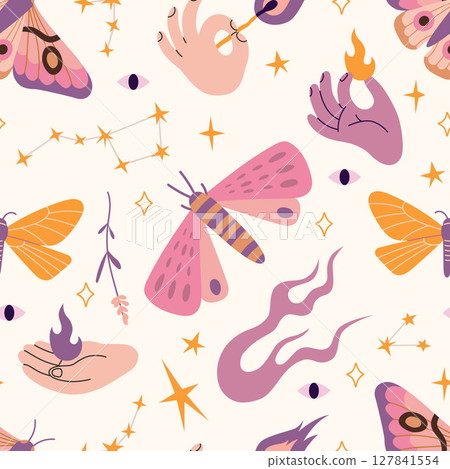 Seamless pattern with moths, flames, eyes and magical symbols. Mysterious design for witchy themes, tarot accessories or spiritual decor. Vector illustration on light background, hand drawn, flat Seamless pattern with moths, flames, eyes and magical symbols. Mysterious design for witchy themes, tarot accessories or spiritual decor. Vector illustration on light background, hand drawn, flat 127841554