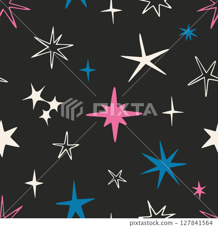 Seamless pattern with pink, white and blue scribble stars. Cheerful and trendy design for wrapping paper and festive decor. Abstract modern vector illustration on black background, hand drawn 127841564