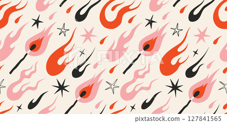 Seamless pattern with dynamic flaming match, flames, fire and stars on light background. Trendy vector illustration in y2k aesthetic, vintage, old school tattoo neo tribal style, hand drawn 127841565
